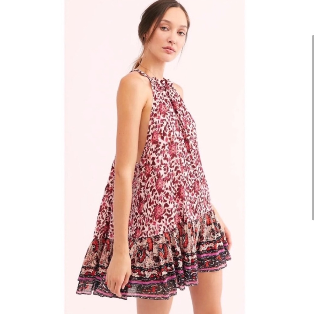 Free People Women’s Lyla Mini Dress Boho Halter Style Ruffle Tiered Size Large